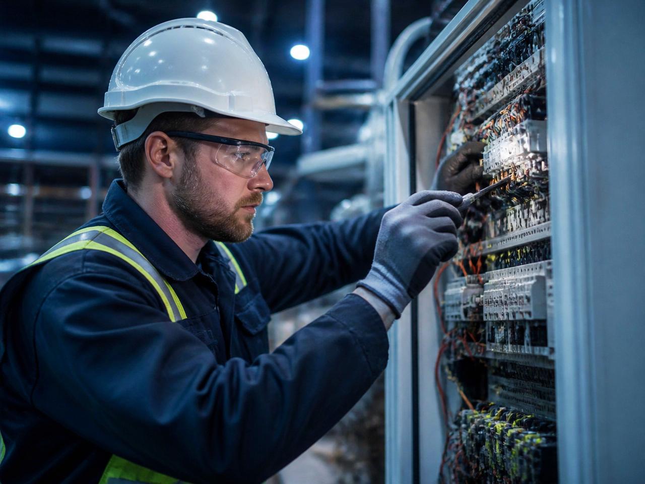 Industrial electrician servicing an electrical panel inside a manufacturing plant