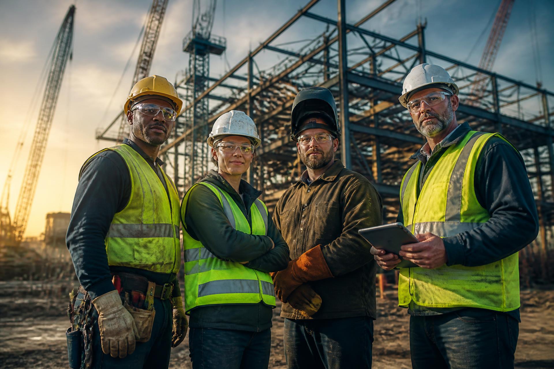 Construction crew wearing hard hats and high-visibility vests on an active job site