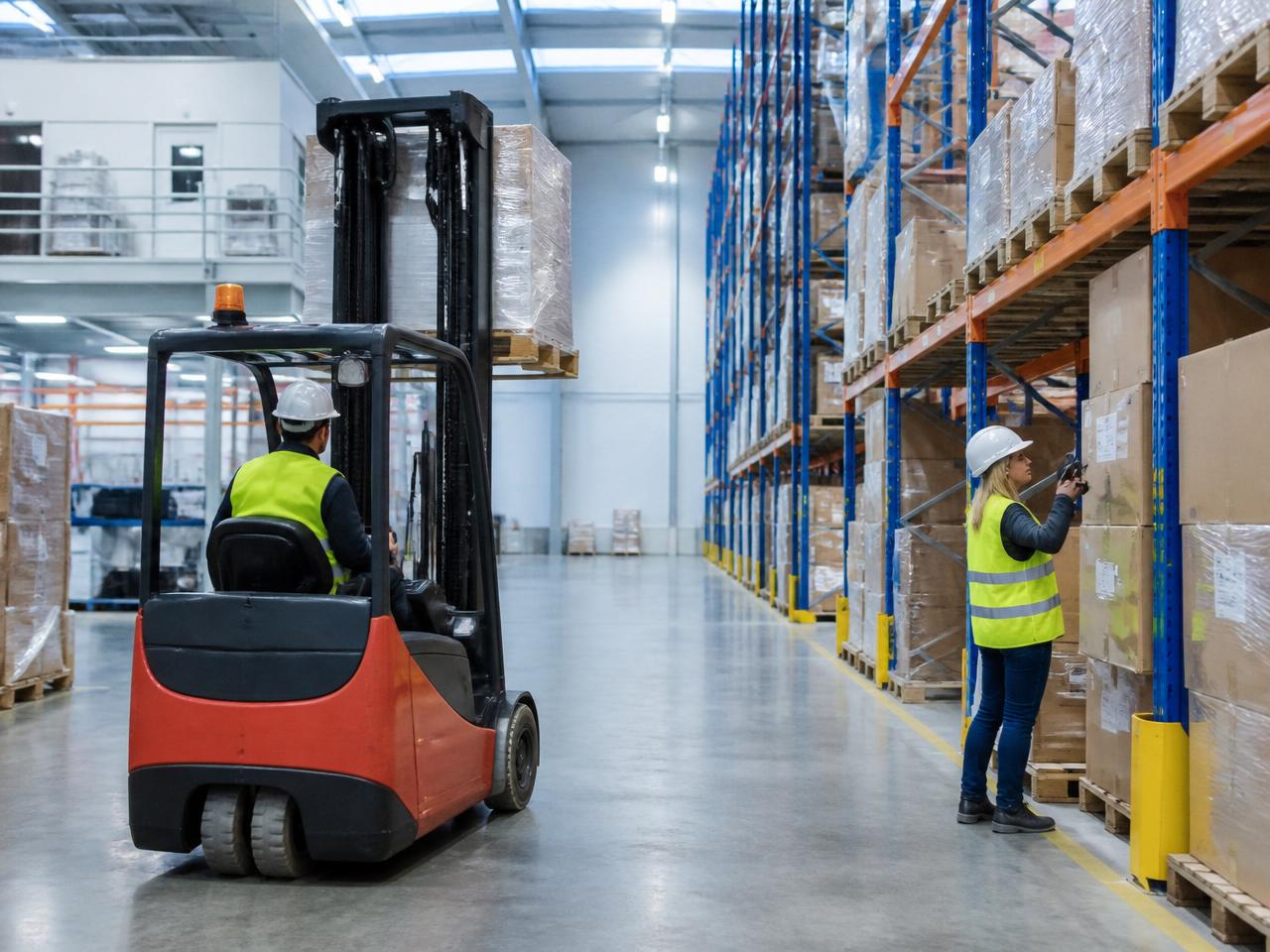 Forklift operator and inventory specialist working in a distribution warehouse